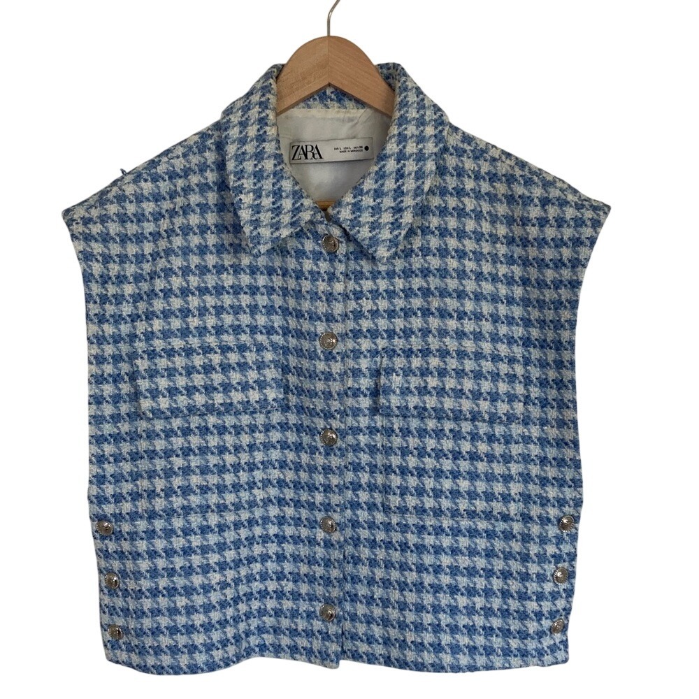 Zara Womens‎ Houndstooth Blue White Vest Size Large Cropped Boxy Feminine Girly